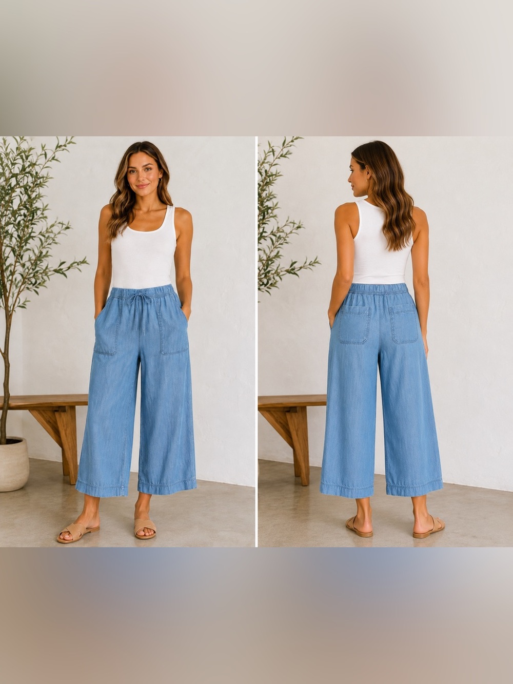 Splendid S Blue Chambray Lyocell Wide Leg Crop Pull On Pants Size Small